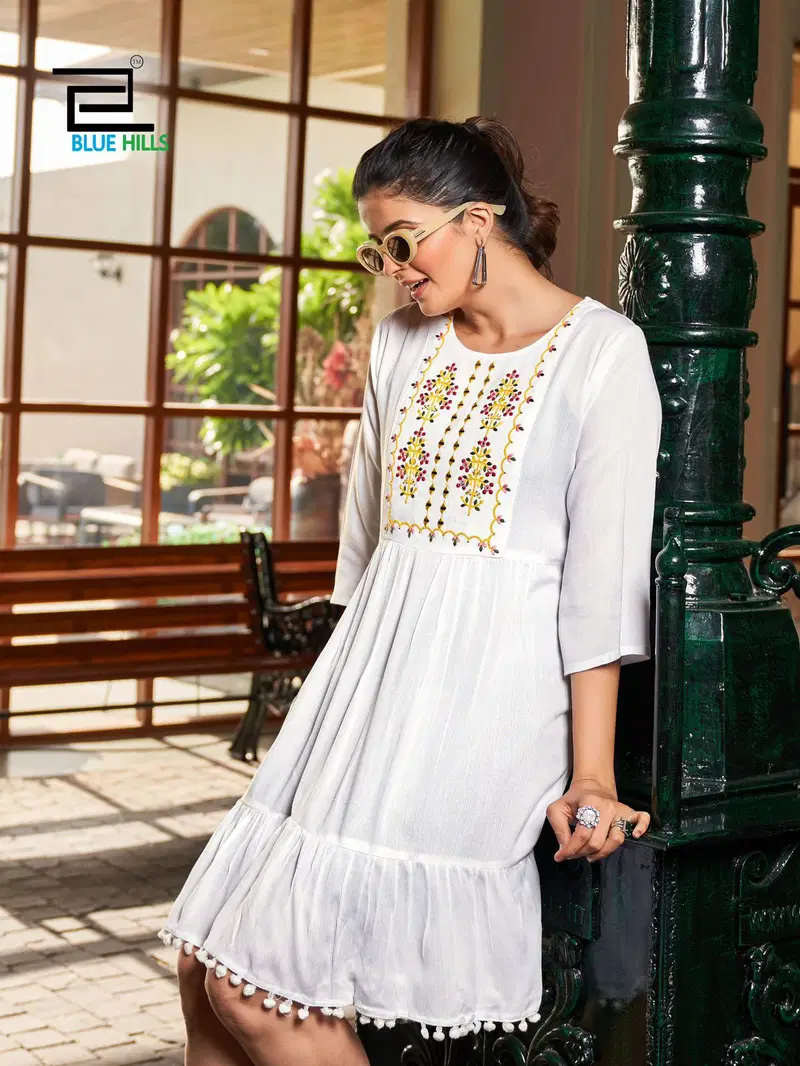 Ellie By Blue Hills Rayon Embroidery Party Wear Kurtis Wholesalers In Delhi